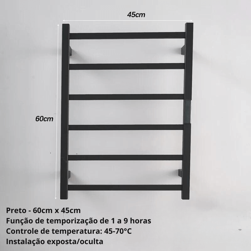 Toalheiro Térmico Smart Elegance Aço Inoxidável Display Digital WiFi Fiação Oculta/Exposta Preto