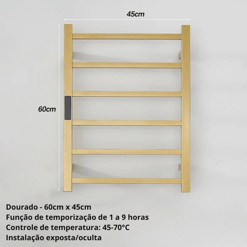 Toalheiro Térmico Smart Elegance Aço Inoxidável Display Digital WiFi Fiação Oculta/Exposta Dourado
