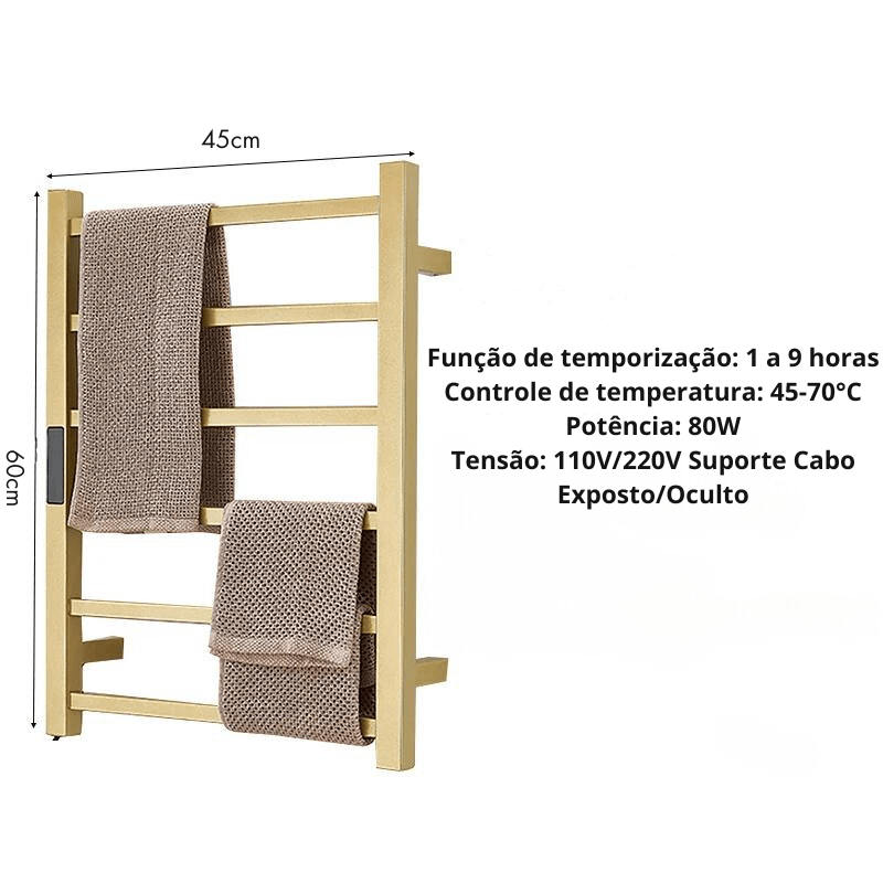 Toalheiro Térmico Smart Elegance Aço Inoxidável Display Digital WiFi Fiação Oculta/Exposta Branco